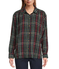 Intro Plaid Print Silver Lurex Detail Long Roll-Tab Sleeve Button Down Swing Shirt