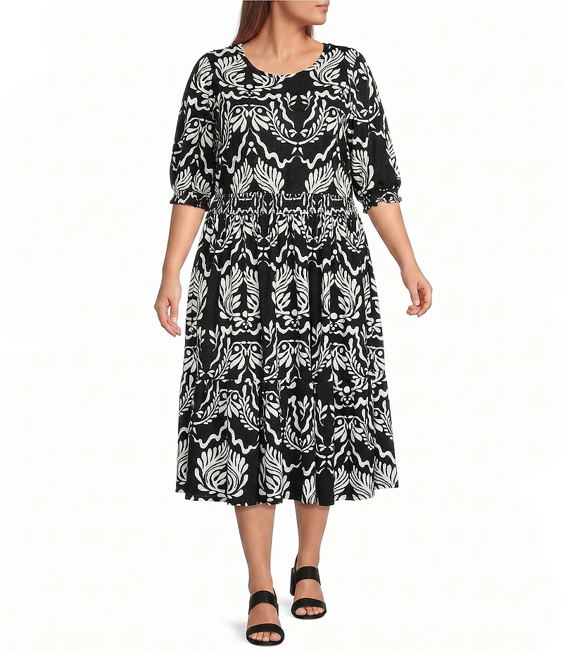Intro Plus Size Baroque Print Knit Scoop Neck Elbow Sleeve Smocked Waist Tiered Dress