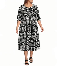 Intro Plus Size Baroque Print Knit Scoop Neck Elbow Sleeve Smocked Waist Tiered Dress