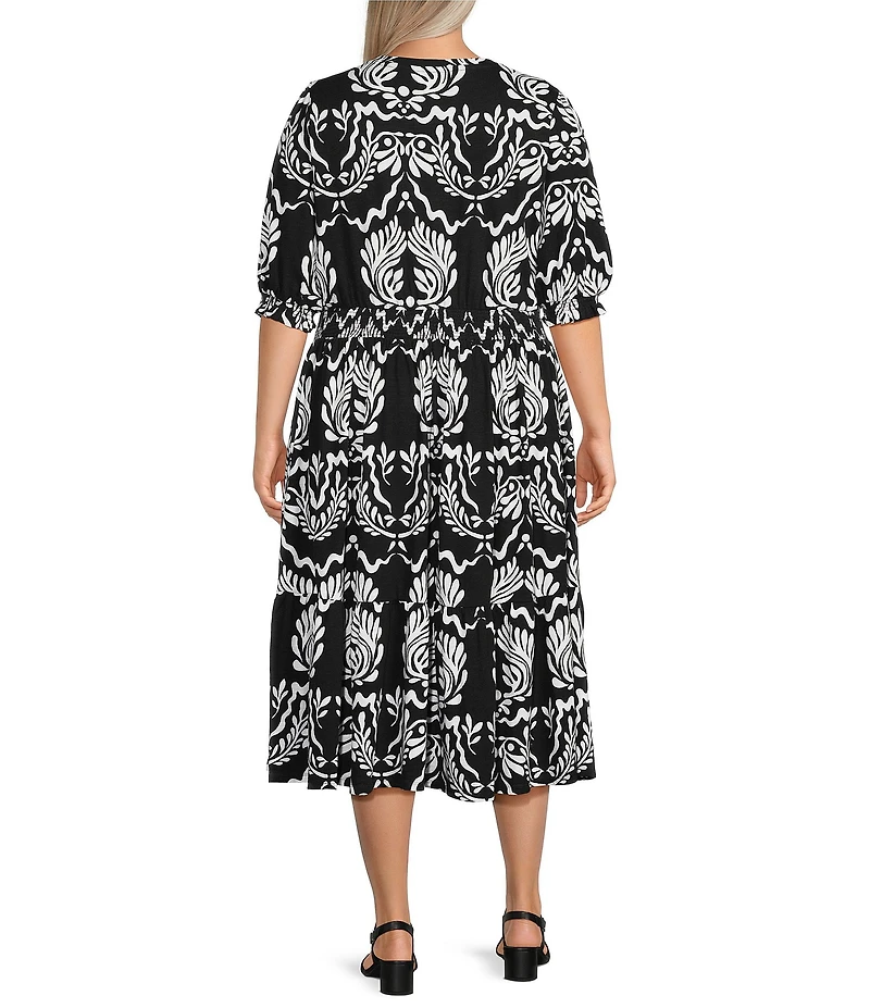 Intro Plus Size Baroque Print Knit Scoop Neck Elbow Sleeve Smocked Waist Tiered Dress