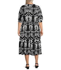 Intro Plus Size Baroque Print Knit Scoop Neck Elbow Sleeve Smocked Waist Tiered Dress
