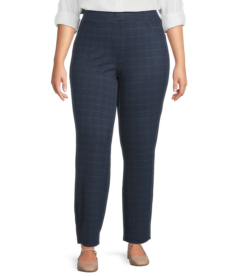 Intro Plus Size Bella Double Knit Blue Mens Wear Plaid Straight Leg Pull-On Pants