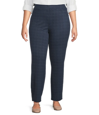 Intro Plus Size Bella Double Knit Blue Mens Wear Plaid Straight Leg Pull-On Pants