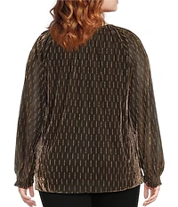 Intro Plus Size Clip Dot Metallic Split V-Neck 3/4 Sleeve Ruffle Blouse