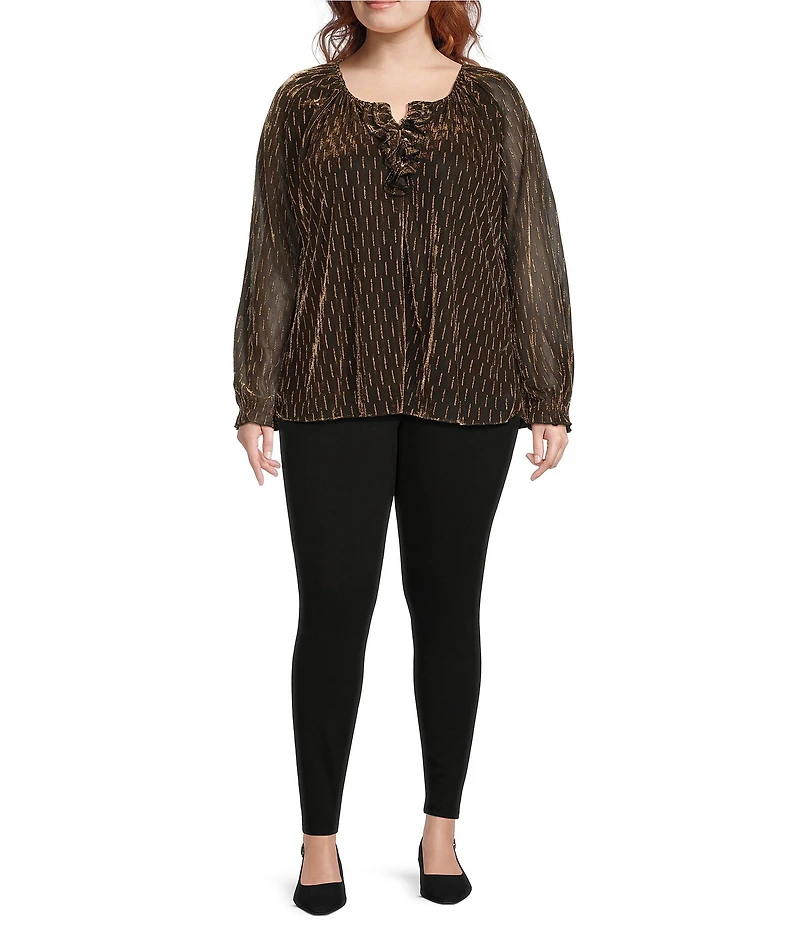 Intro Plus Size Clip Dot Metallic Split V-Neck 3/4 Sleeve Ruffle Blouse