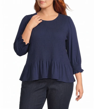 Intro Plus Size Crew Neck 3/4 Sleeve Peplum Top