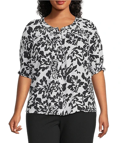 Intro Plus Size Crinkle Gauze Floral Scoop Neck Elbow Sleeve Button-Front Blouse