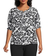 Intro Plus Size Crinkle Gauze Floral Scoop Neck Elbow Sleeve Button-Front Blouse