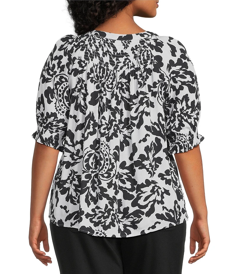 Intro Plus Size Crinkle Gauze Floral Scoop Neck Elbow Sleeve Button-Front Blouse
