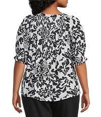 Intro Plus Size Crinkle Gauze Floral Scoop Neck Elbow Sleeve Button-Front Blouse