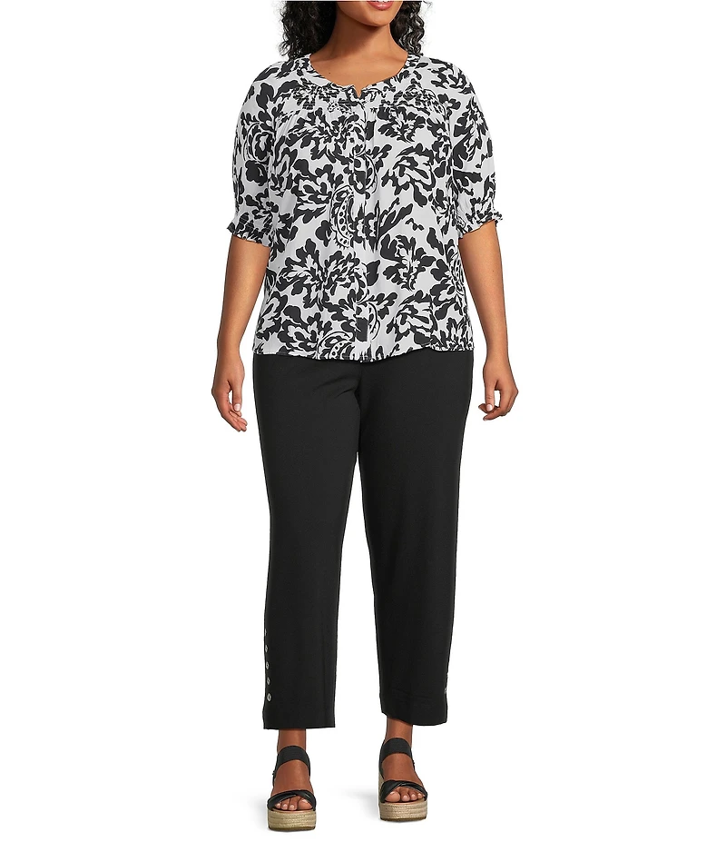 Intro Plus Size Crinkle Gauze Floral Scoop Neck Elbow Sleeve Button-Front Blouse