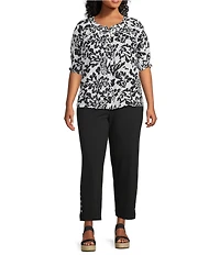 Intro Plus Size Crinkle Gauze Floral Scoop Neck Elbow Sleeve Button-Front Blouse