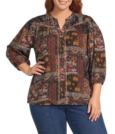 Intro Plus Size Crinkle Gauze Patchwork Banded Y Neck 3/4 Sleeve Button Front Top
