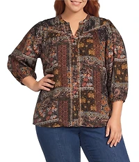 Intro Plus Size Crinkle Gauze Patchwork Banded Y Neck 3/4 Sleeve Button Front Top