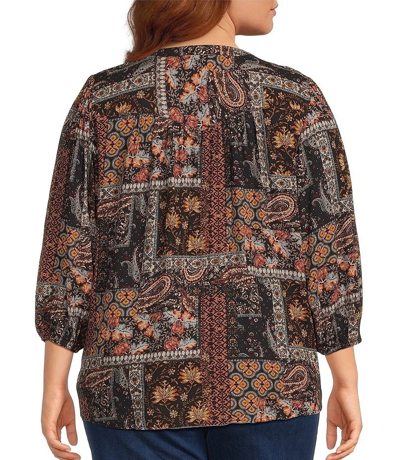 Intro Plus Size Crinkle Gauze Patchwork Banded Y Neck 3/4 Sleeve Button Front Top