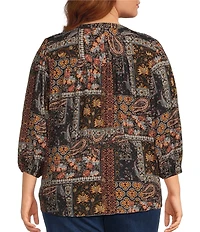 Intro Plus Size Crinkle Gauze Patchwork Banded Y Neck 3/4 Sleeve Button Front Top