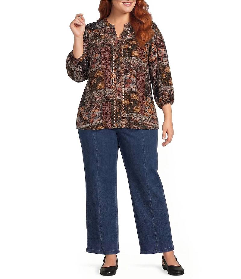 Intro Plus Size Crinkle Gauze Patchwork Banded Y Neck 3/4 Sleeve Button Front Top