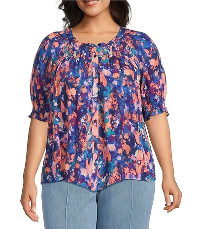 Intro Plus Size Crinkle Gauze Printed Scoop Neck Elbow Sleeve Button-Front Blouse