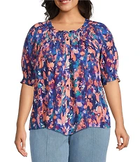 Intro Plus Size Crinkle Gauze Printed Scoop Neck Elbow Sleeve Button-Front Blouse