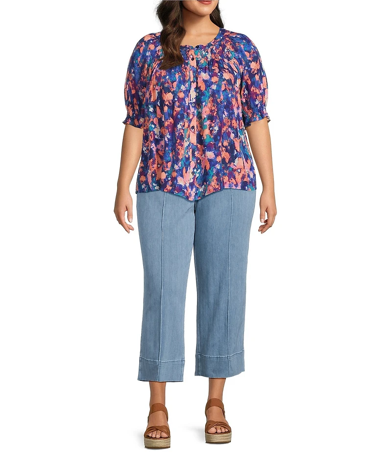 Intro Plus Size Crinkle Gauze Printed Scoop Neck Elbow Sleeve Button-Front Blouse