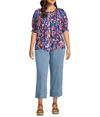 Intro Plus Size Crinkle Gauze Printed Scoop Neck Elbow Sleeve Button-Front Blouse