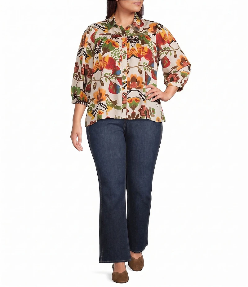 Intro Crinkle Woven Printed Point Collar 3/4 Puff Sleeve Button Front Placket Shirt