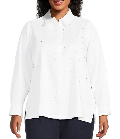 Intro Plus Size Crystal Embellished Front Long Roll-Tab Sleeve Button Front Shirt
