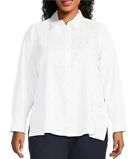 Intro Plus Size Crystal Embellished Front Long Roll-Tab Sleeve Button Front Shirt