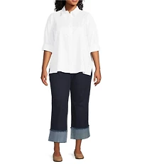 Intro Plus Size Crystal Embellished Front Long Roll-Tab Sleeve Button Front Shirt