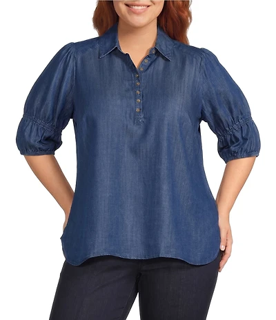 Intro Plus Size Denim Collared Double Puff Elbow Length Sleeve Half Placket Top