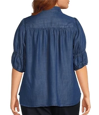 Intro Plus Size Denim Collared Double Puff Elbow Length Sleeve Half Placket Top