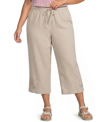 Intro Plus Size Elara Embroidered Hem Drawstring Tie Pull-On Capri Pants