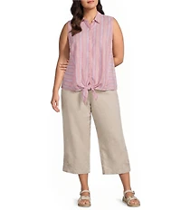 Intro Plus Size Elara Embroidered Hem Drawstring Tie Pull-On Capri Pants
