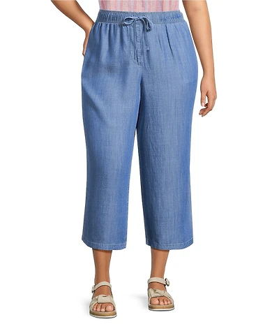 Intro Plus Size Elara Embroidered Hem Drawstring Tie Pull-On Denim Capri Pants