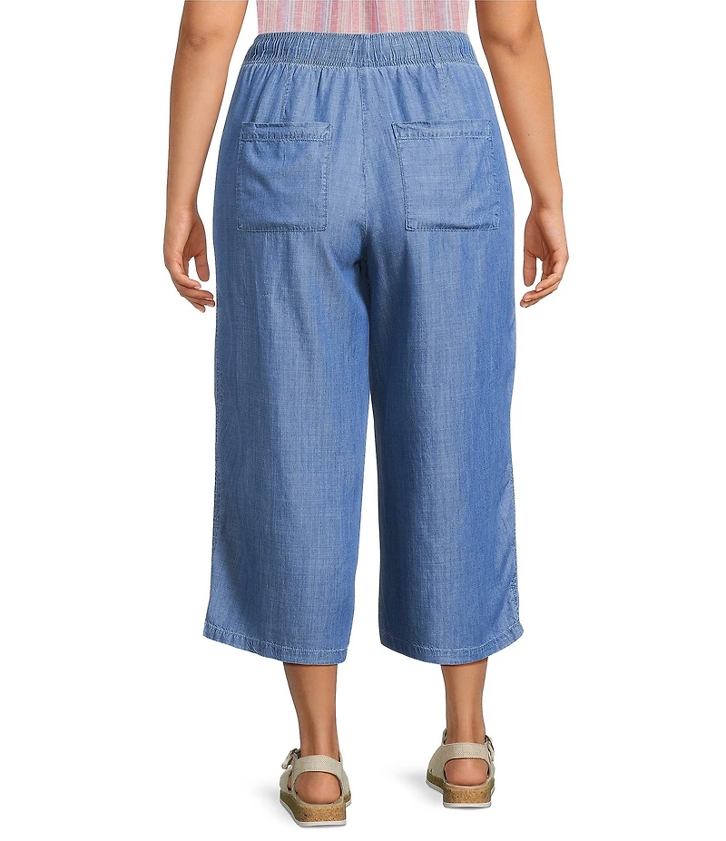 Intro Plus Size Elara Embroidered Hem Drawstring Tie Pull-On Denim Capri Pants