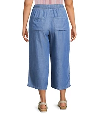 Intro Plus Size Elara Embroidered Hem Drawstring Tie Pull-On Denim Capri Pants