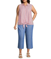 Intro Plus Size Elara Embroidered Hem Drawstring Tie Pull-On Denim Capri Pants