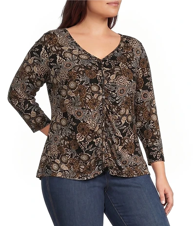 Intro Plus Size Floral Print V-Neck 3/4 Sleeve Shirred Front Faux Placket Tee