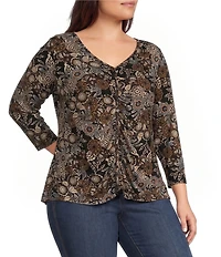 Intro Plus Size Floral Print V-Neck 3/4 Sleeve Shirred Front Faux Placket Tee