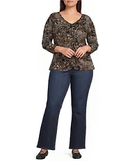 Intro Plus Size Floral Print V-Neck 3/4 Sleeve Shirred Front Faux Placket Tee
