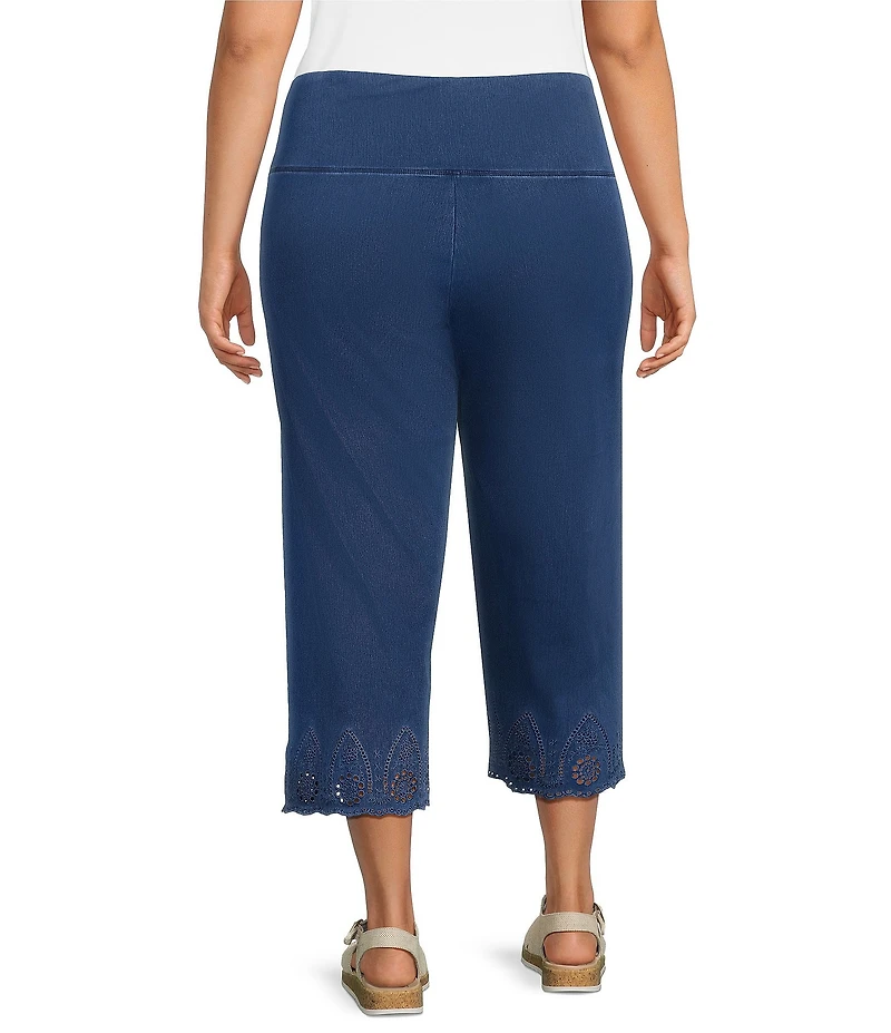 Intro Plus Size Knit Denim Wash Schiffli Straight Leg Hem Pull-On Pants