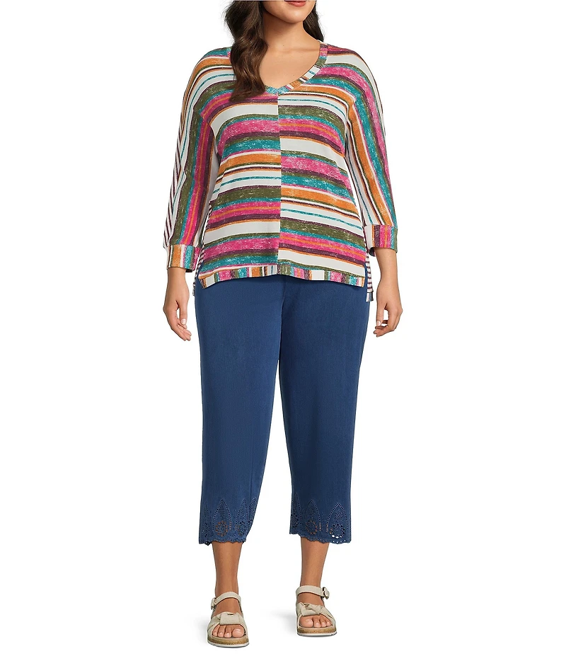 Intro Plus Size Knit Denim Wash Schiffli Straight Leg Hem Pull-On Pants