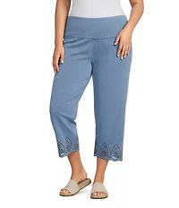 Intro Plus Size Knit Denim Wash Schiffli Straight Leg Hem Pull-On Pants