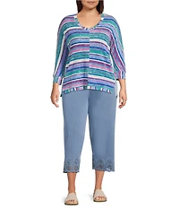 Intro Plus Size Knit Denim Wash Schiffli Straight Leg Hem Pull-On Pants