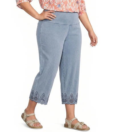 Intro Plus Size Knit Denim Wash Schiffli Straight Leg Hem Pull-On Pants