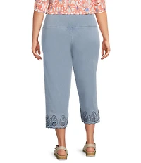 Intro Plus Size Knit Denim Wash Schiffli Straight Leg Hem Pull-On Pants