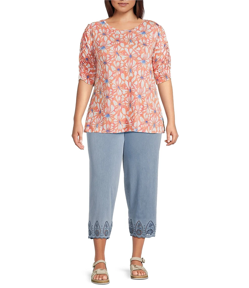 Intro Plus Size Knit Denim Wash Schiffli Straight Leg Hem Pull-On Pants