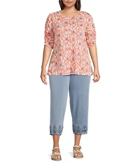 Intro Plus Size Knit Denim Wash Schiffli Straight Leg Hem Pull-On Pants