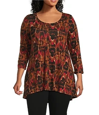 Intro Plus Size Knit Jersey Abstract Geo Print 3/4 Sleeve Pleated Neck Tee