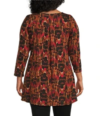 Intro Plus Size Knit Jersey Abstract Geo Print 3/4 Sleeve Pleated Neck Tee